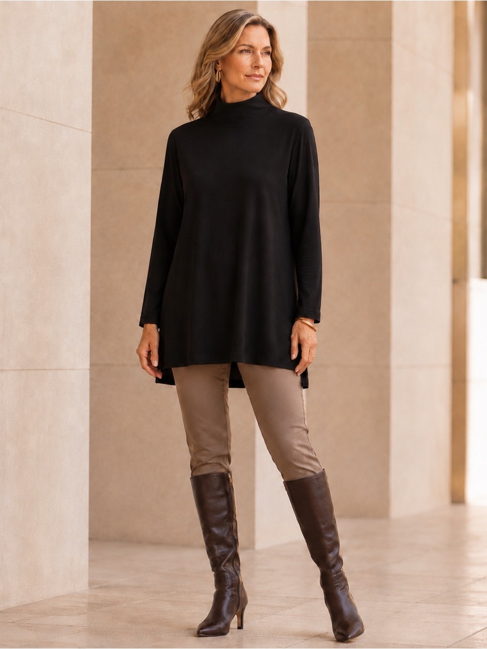 CAROLINE ROSE BLACK BACK ZIP LONG SLEEVE FUNNEL CREW NECK FALL TUNIC TOP XL